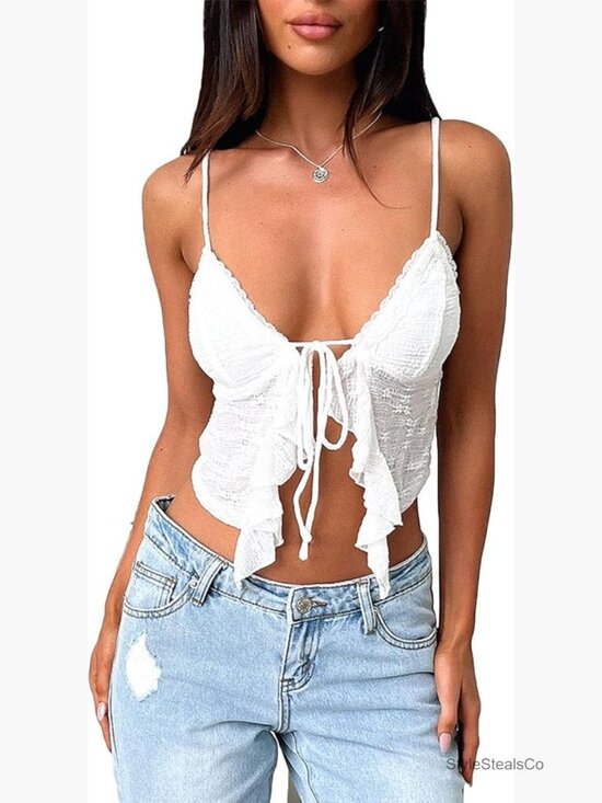 Tops - Lace Trim Tie Up Camisole Crop Top Sleeveless V Neck Summer